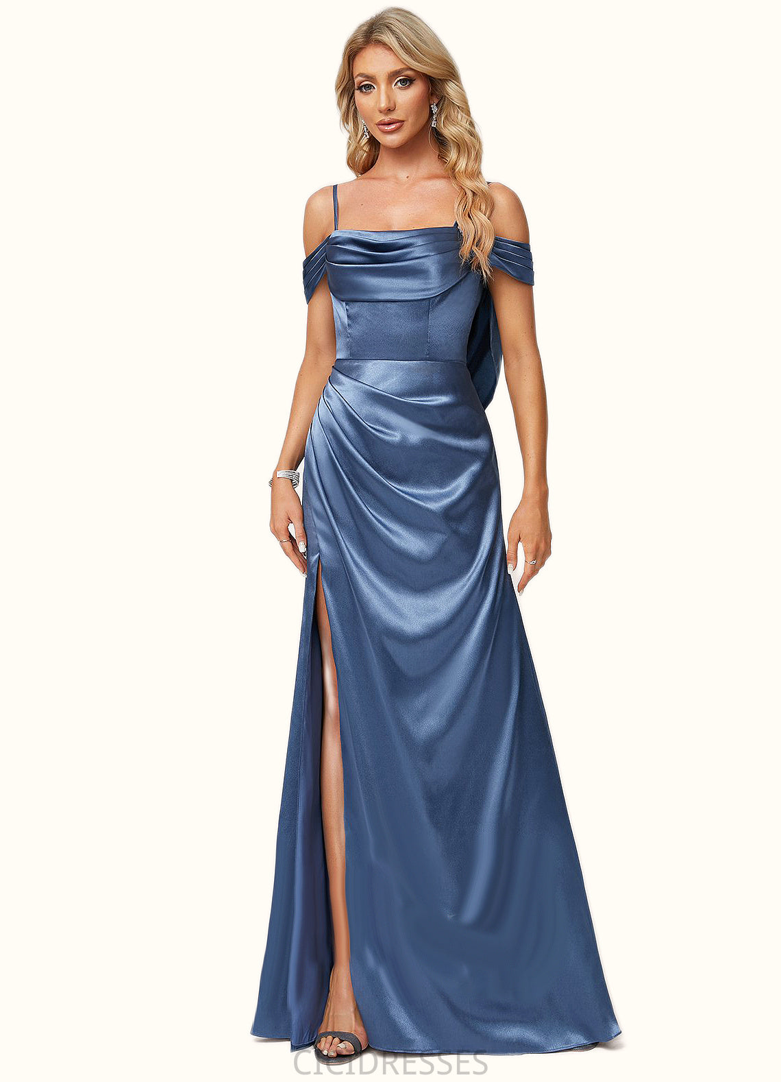 Adrianna A-line Cold Shoulder Floor-Length Stretch Satin Bridesmaid Dress With Ruffle CIC8P0022578