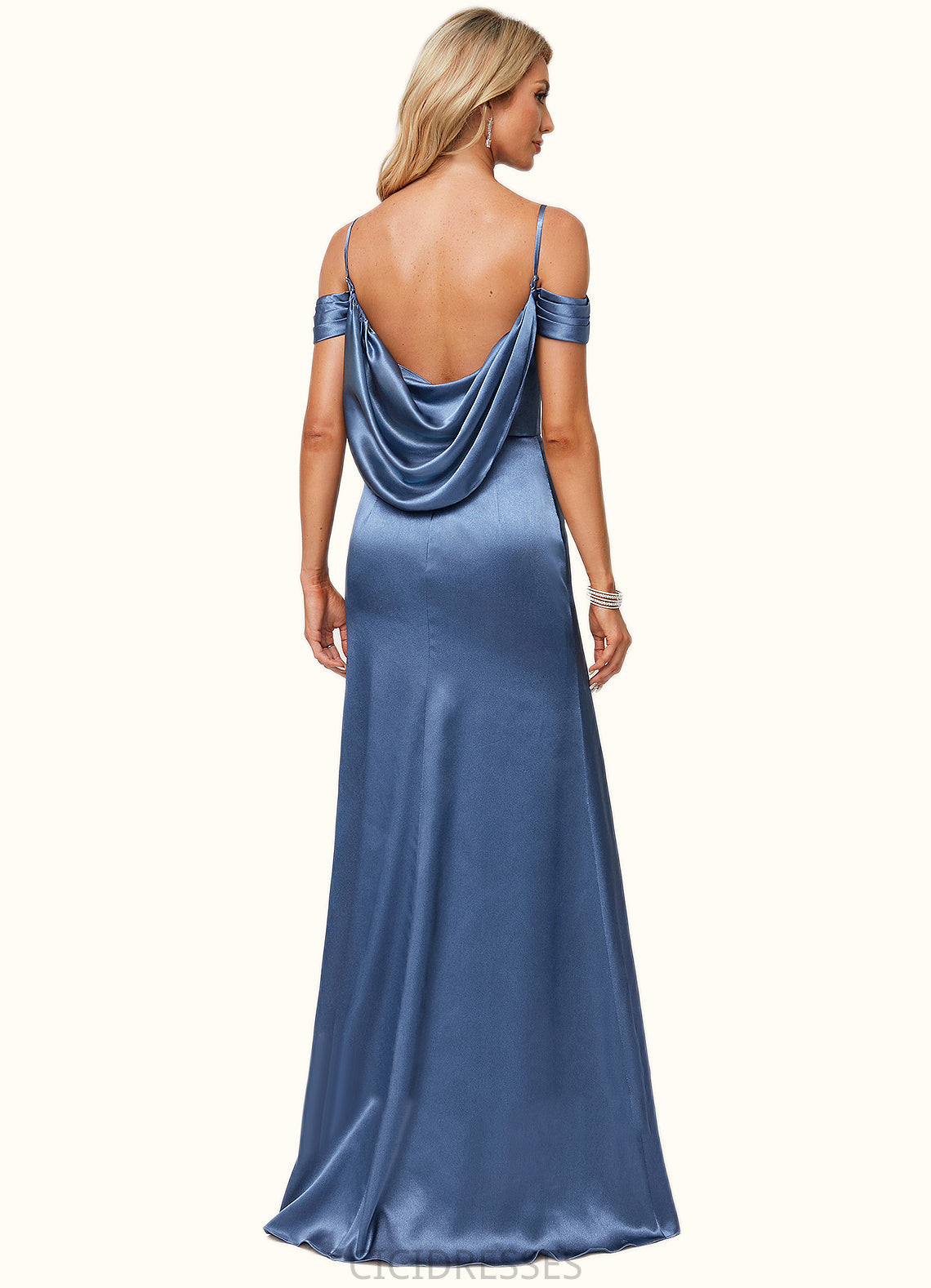 Adrianna A-line Cold Shoulder Floor-Length Stretch Satin Bridesmaid Dress With Ruffle CIC8P0022578