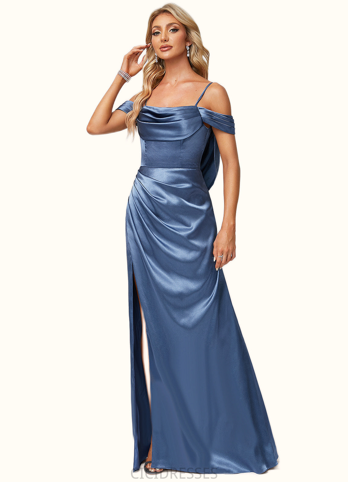 Adrianna A-line Cold Shoulder Floor-Length Stretch Satin Bridesmaid Dress With Ruffle CIC8P0022578