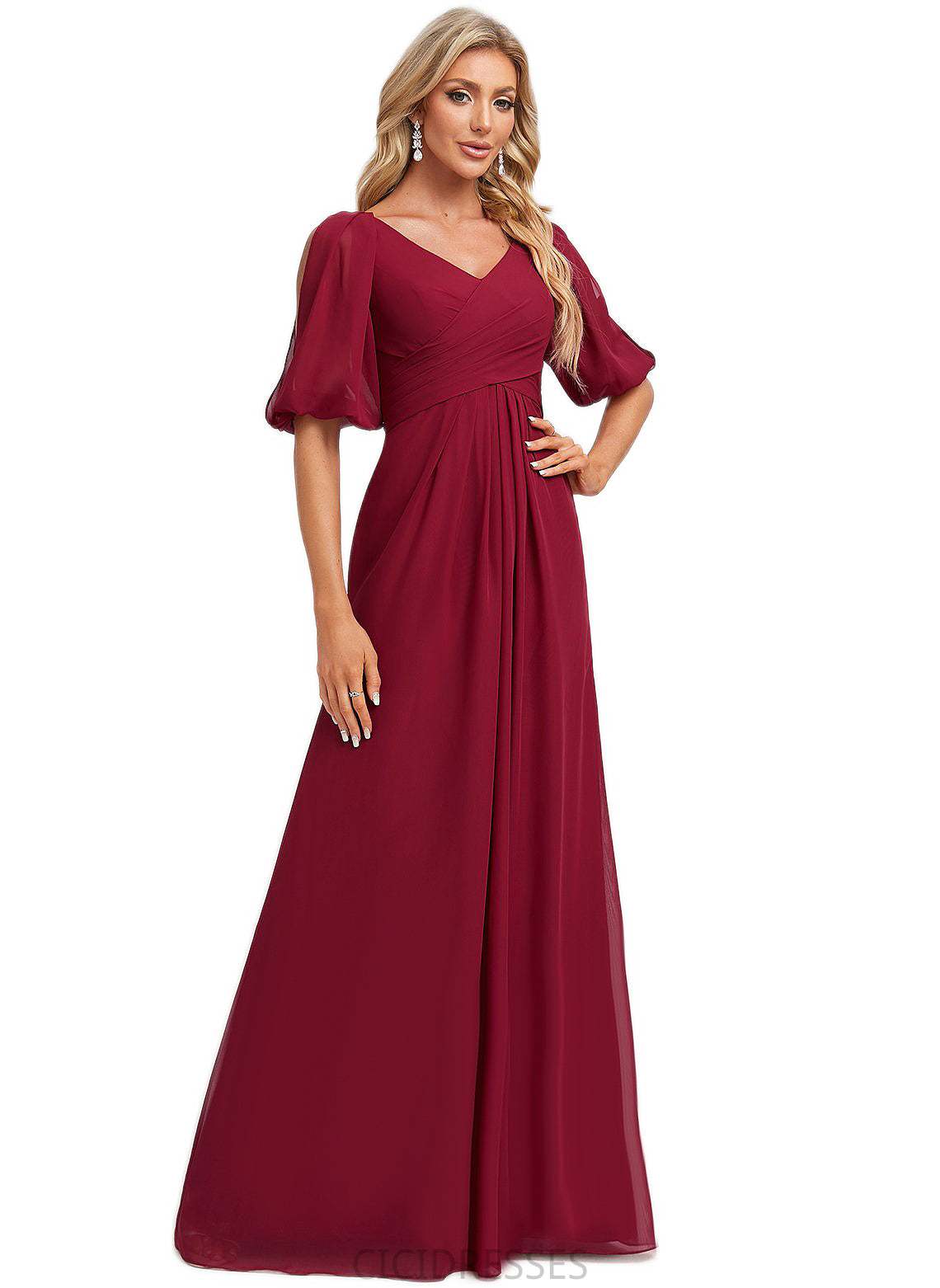 Jode A-line V-Neck Floor-Length Chiffon Bridesmaid Dress CIC8P0022608