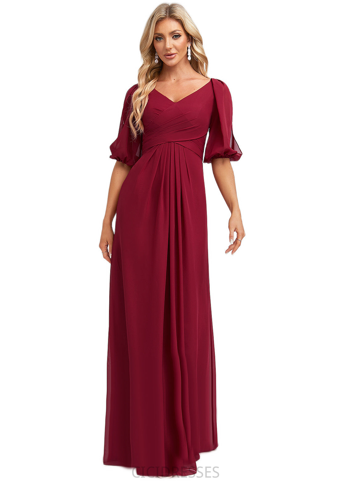 Jode A-line V-Neck Floor-Length Chiffon Bridesmaid Dress CIC8P0022608