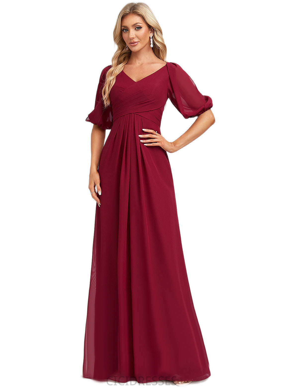 Jode A-line V-Neck Floor-Length Chiffon Bridesmaid Dress CIC8P0022608