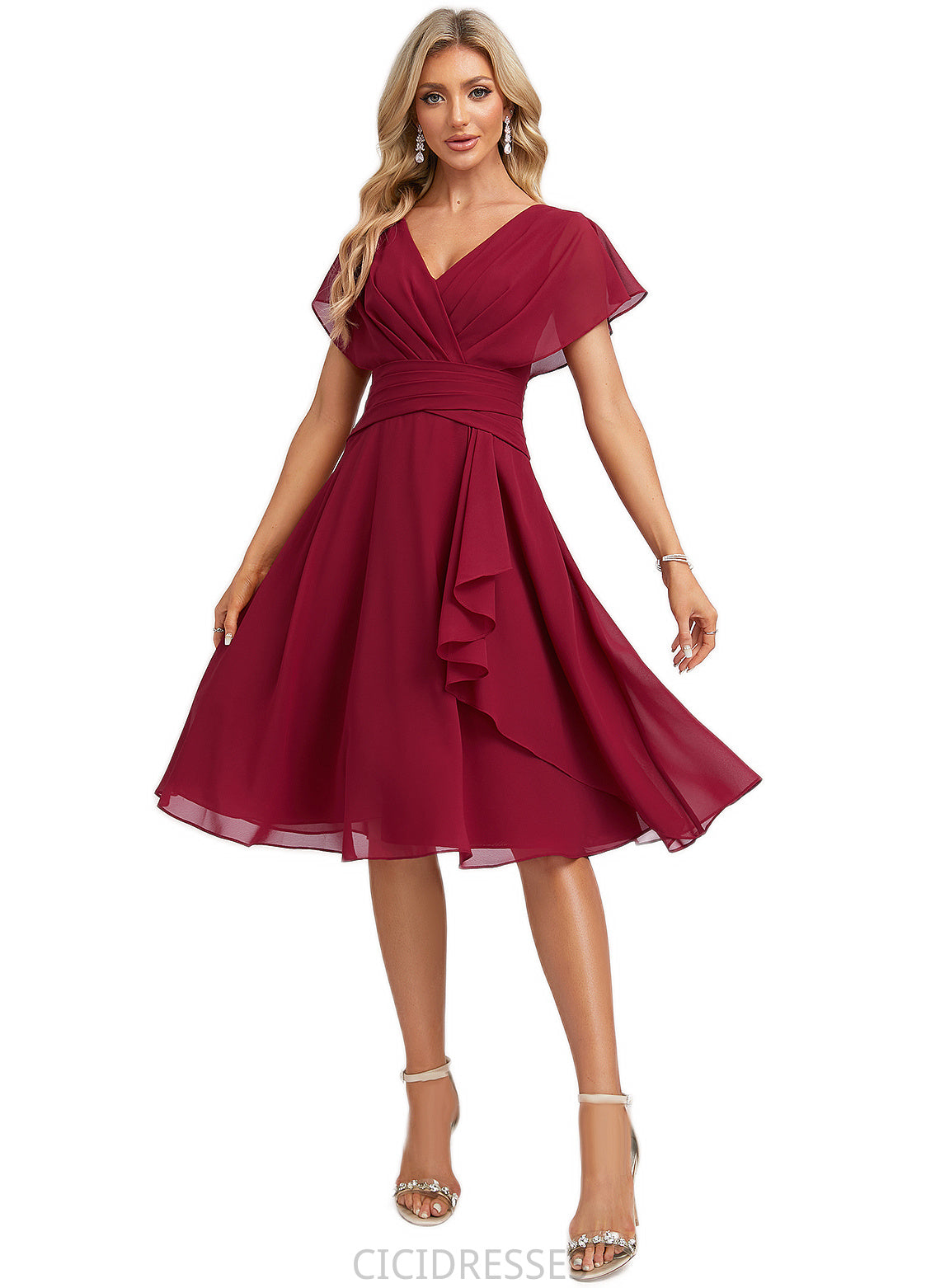 Jenna A-line V-Neck Knee-Length Chiffon Bridesmaid Dress With Ruffle CIC8P0022609