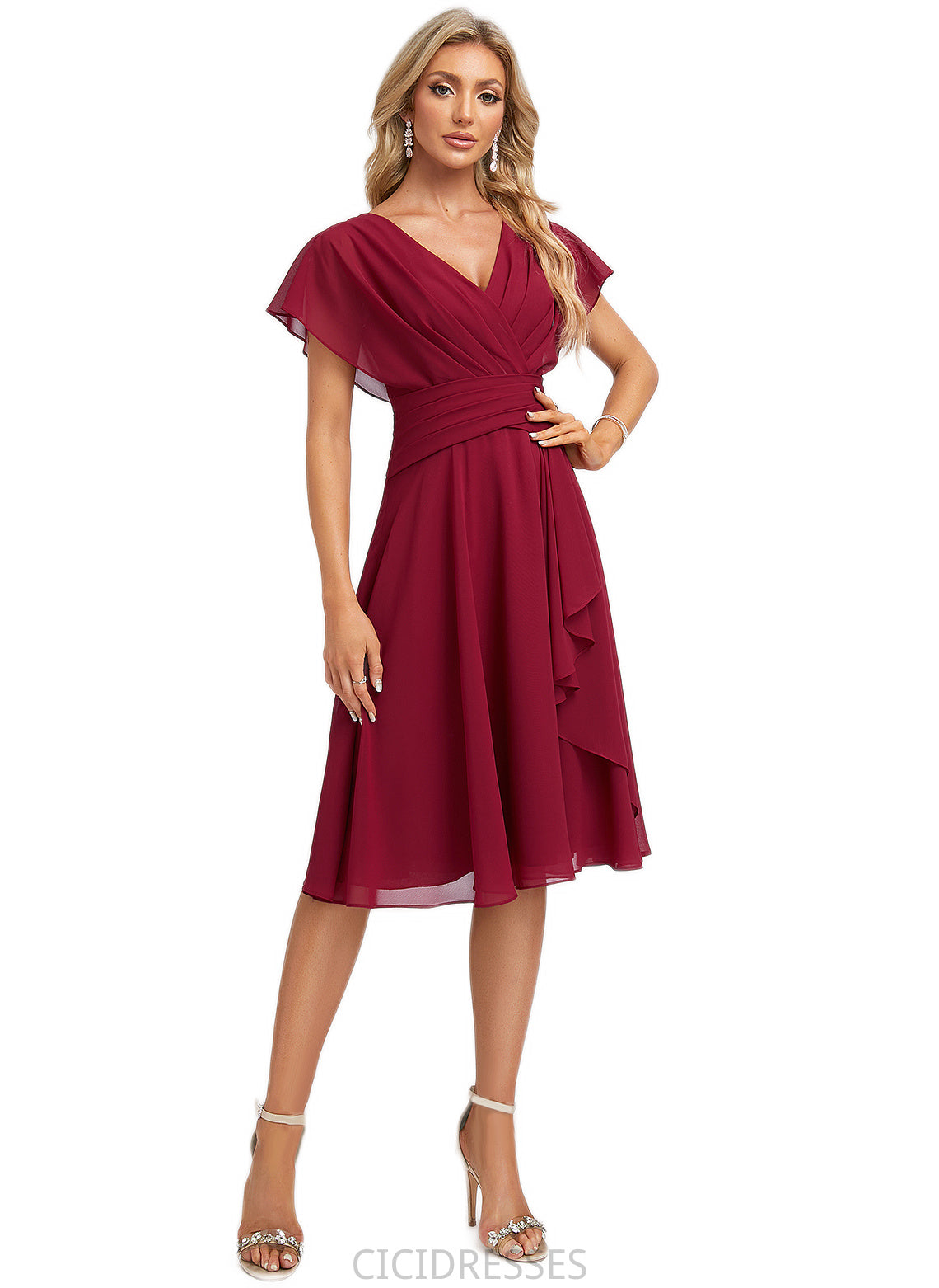 Jenna A-line V-Neck Knee-Length Chiffon Bridesmaid Dress With Ruffle CIC8P0022609