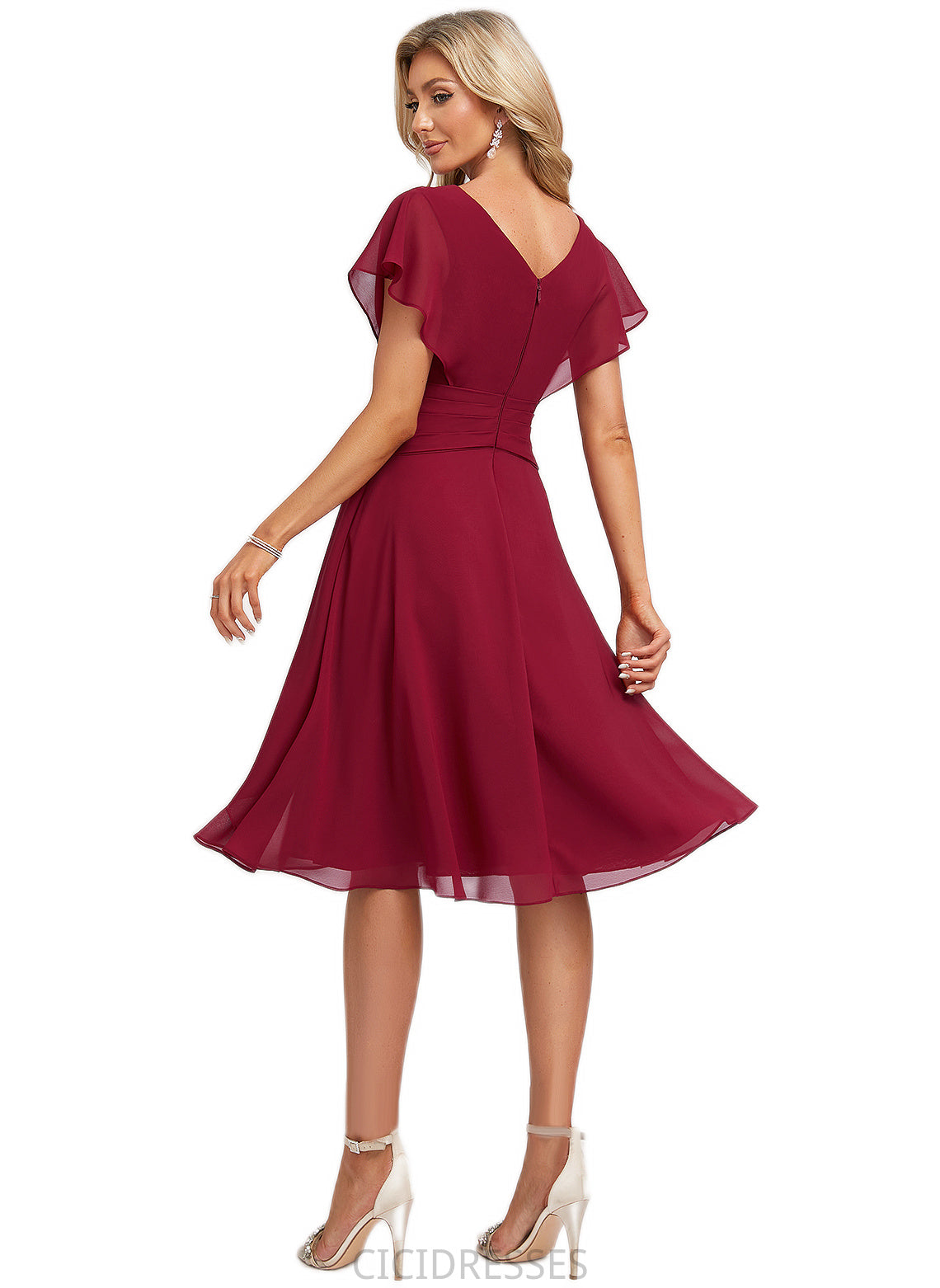 Jenna A-line V-Neck Knee-Length Chiffon Bridesmaid Dress With Ruffle CIC8P0022609