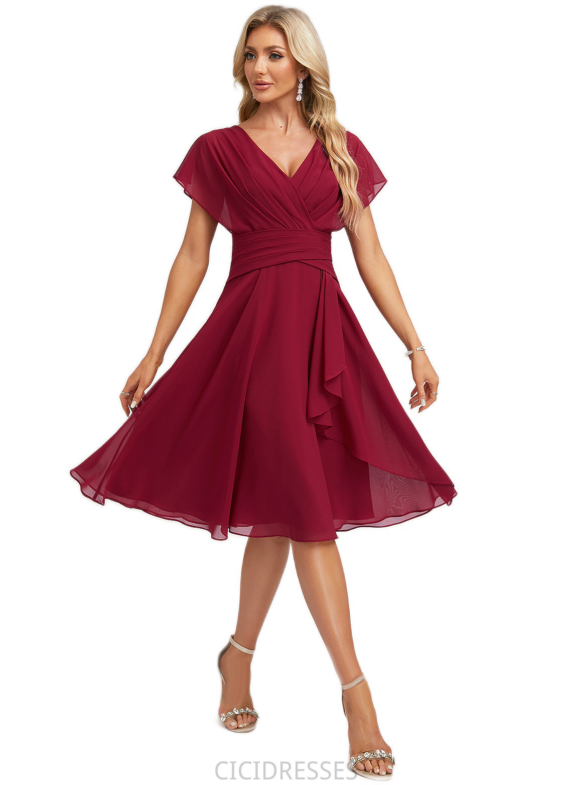 Jenna A-line V-Neck Knee-Length Chiffon Bridesmaid Dress With Ruffle CIC8P0022609