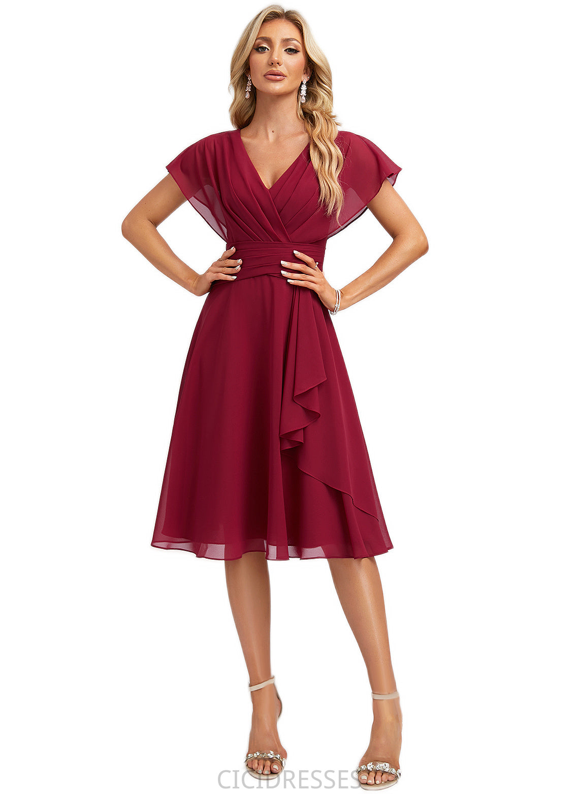 Jenna A-line V-Neck Knee-Length Chiffon Bridesmaid Dress With Ruffle CIC8P0022609