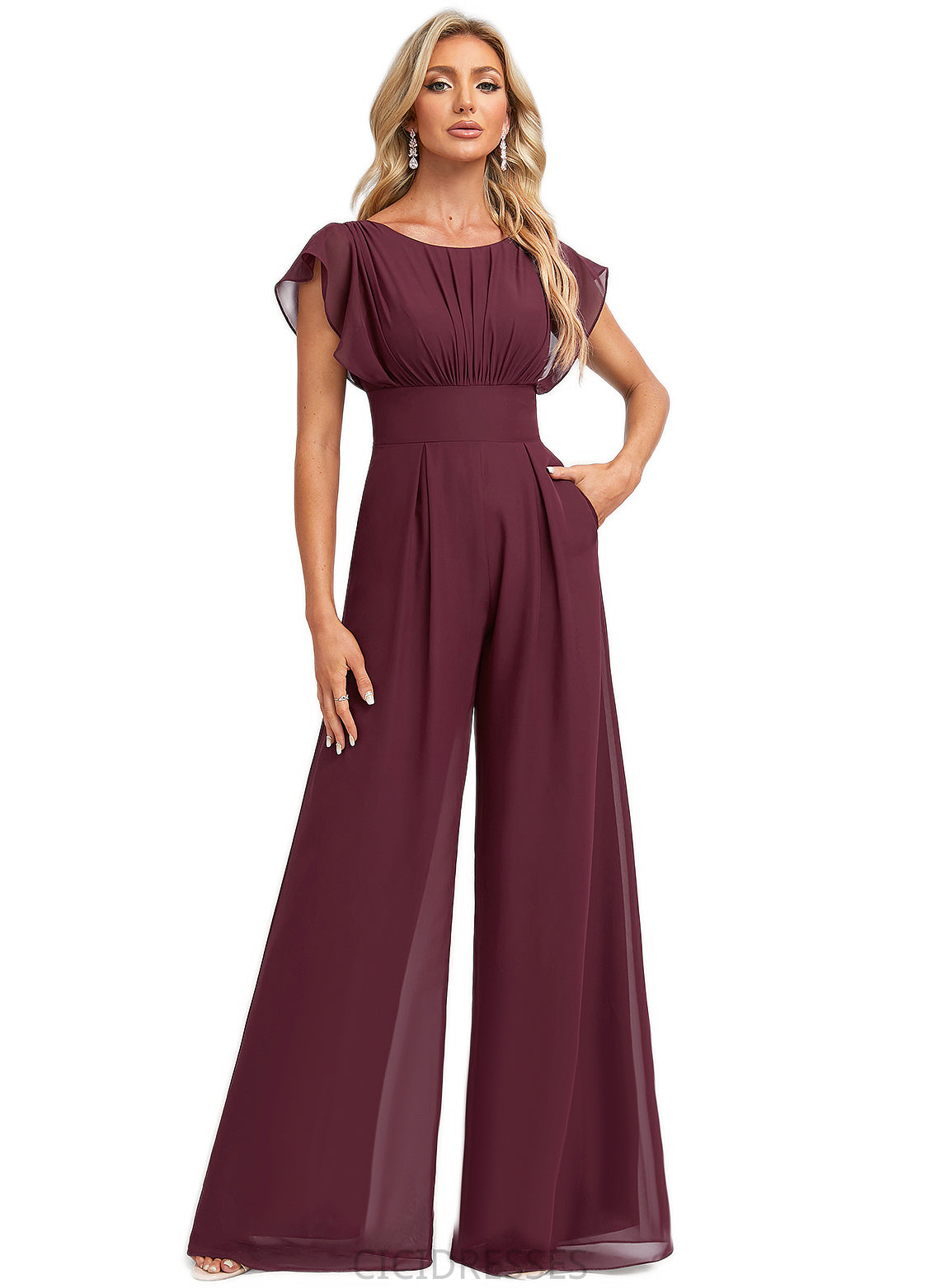 Jazmine Jumpsuit/Pantsuit Scoop Floor-Length Chiffon Bridesmaid Dress With Ruffle CIC8P0022610