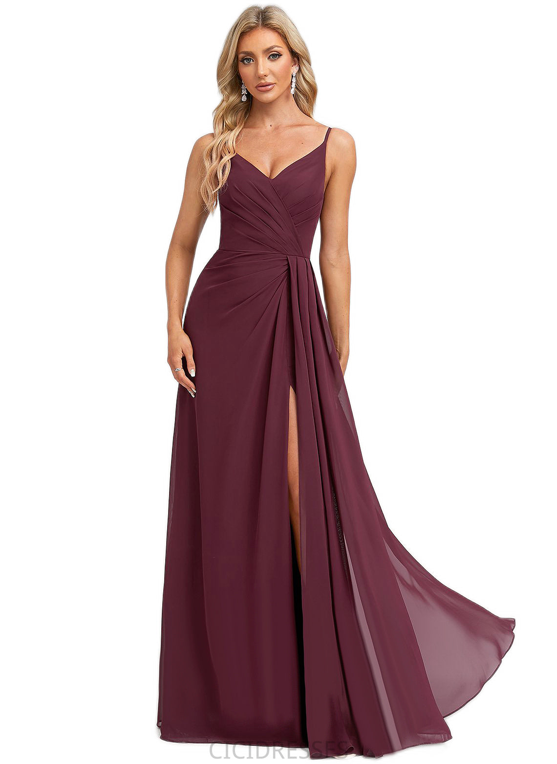 Wendy A-line V-Neck Floor-Length Chiffon Bridesmaid Dress With Ruffle CIC8P0022611