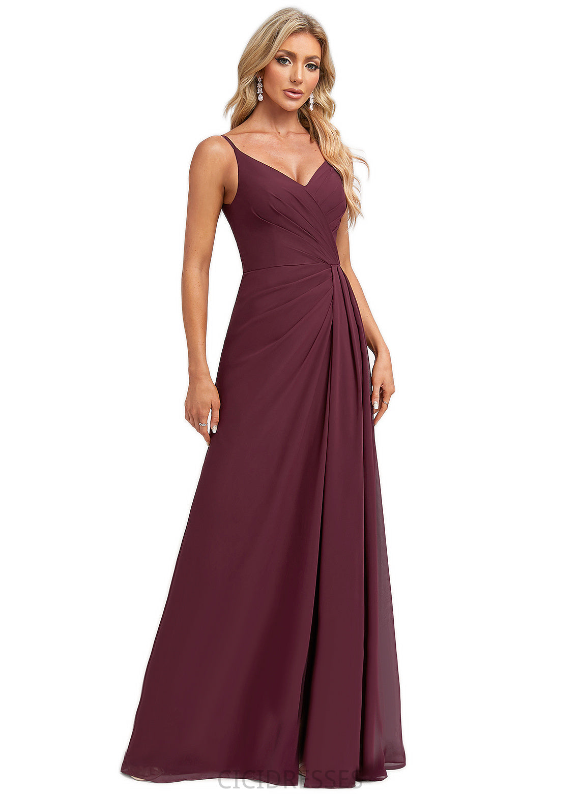 Wendy A-line V-Neck Floor-Length Chiffon Bridesmaid Dress With Ruffle CIC8P0022611