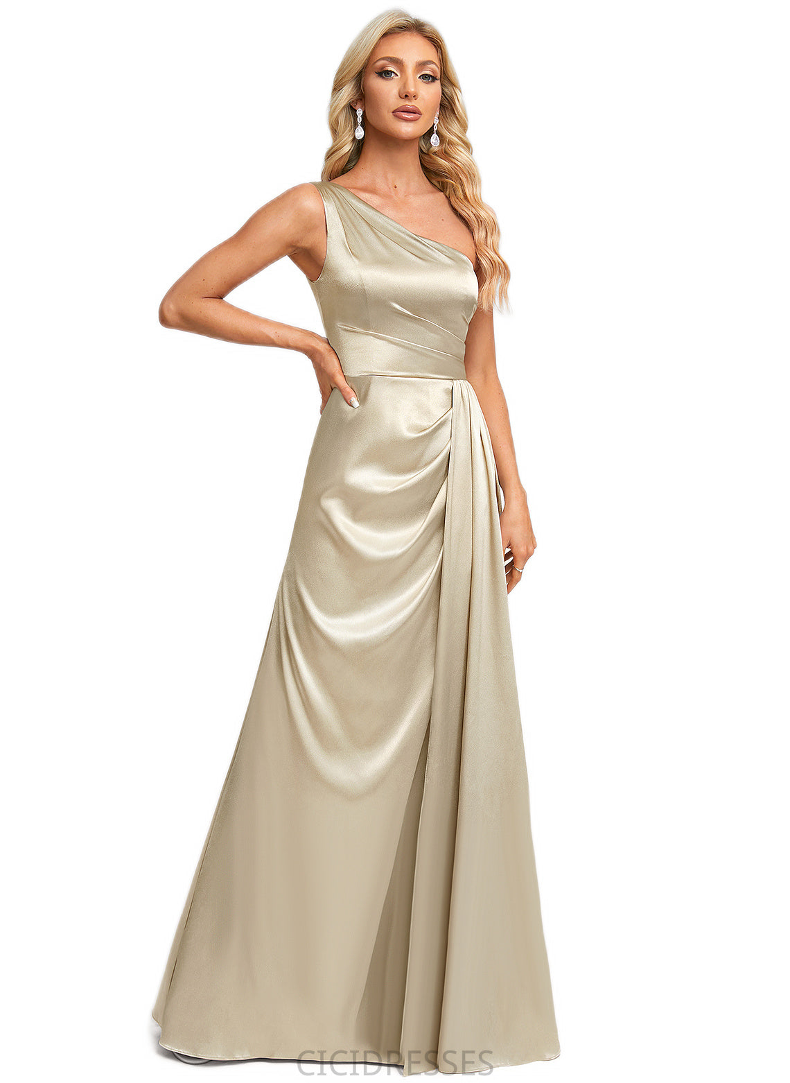 Camilla A-line One Shoulder Floor-Length Stretch Satin Bridesmaid Dress With Ruffle CIC8P0022614