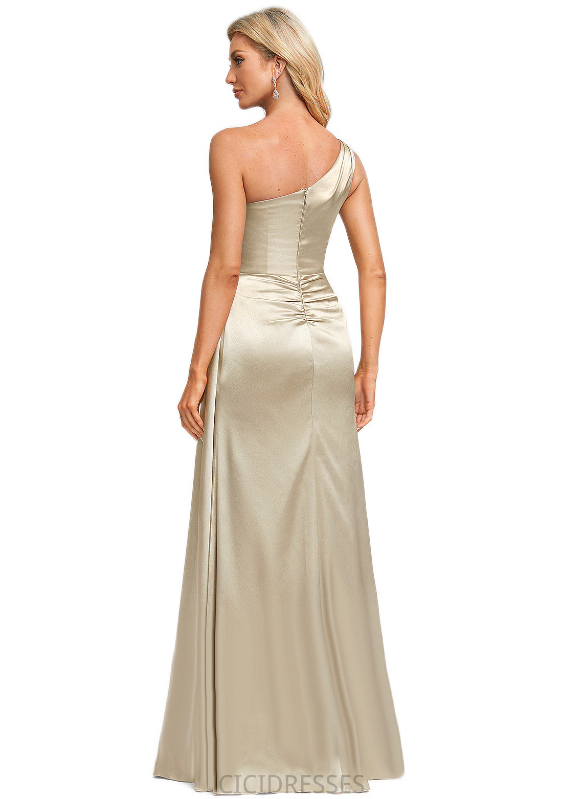 Camilla A-line One Shoulder Floor-Length Stretch Satin Bridesmaid Dress With Ruffle CIC8P0022614