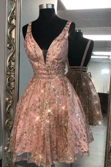Unique V Neck Pink Beads Backless Homecoming Dresses CD10196