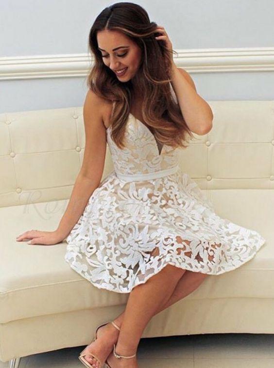 A-Line V-Neck Short White Lace Homecoming Dress CD19130