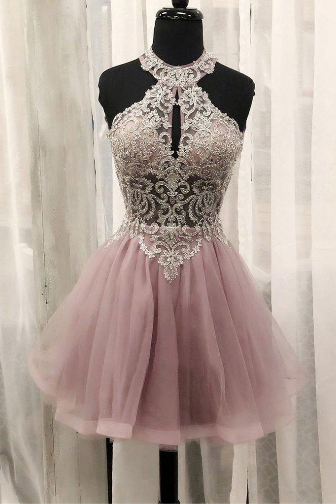 PINK TULLE LACE SHORT DRESS PINK HOMECOMING DRESS CD5763