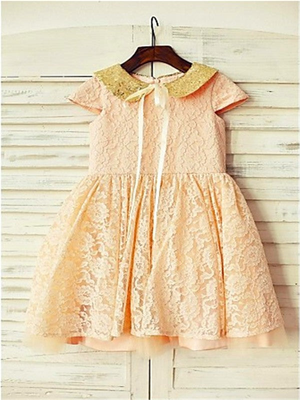 A-line/Princess Short Sleeves Scoop Sequin Tea-Length Lace Flower Girl Dresses CICIP0007930