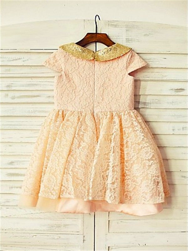 A-line/Princess Short Sleeves Scoop Sequin Tea-Length Lace Flower Girl Dresses CICIP0007930
